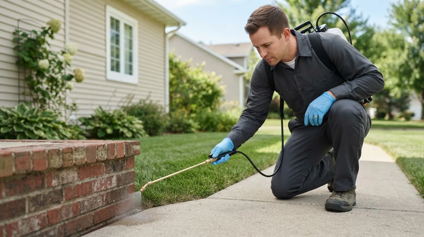 Pest control technician treating a home near Corsicana, TX
